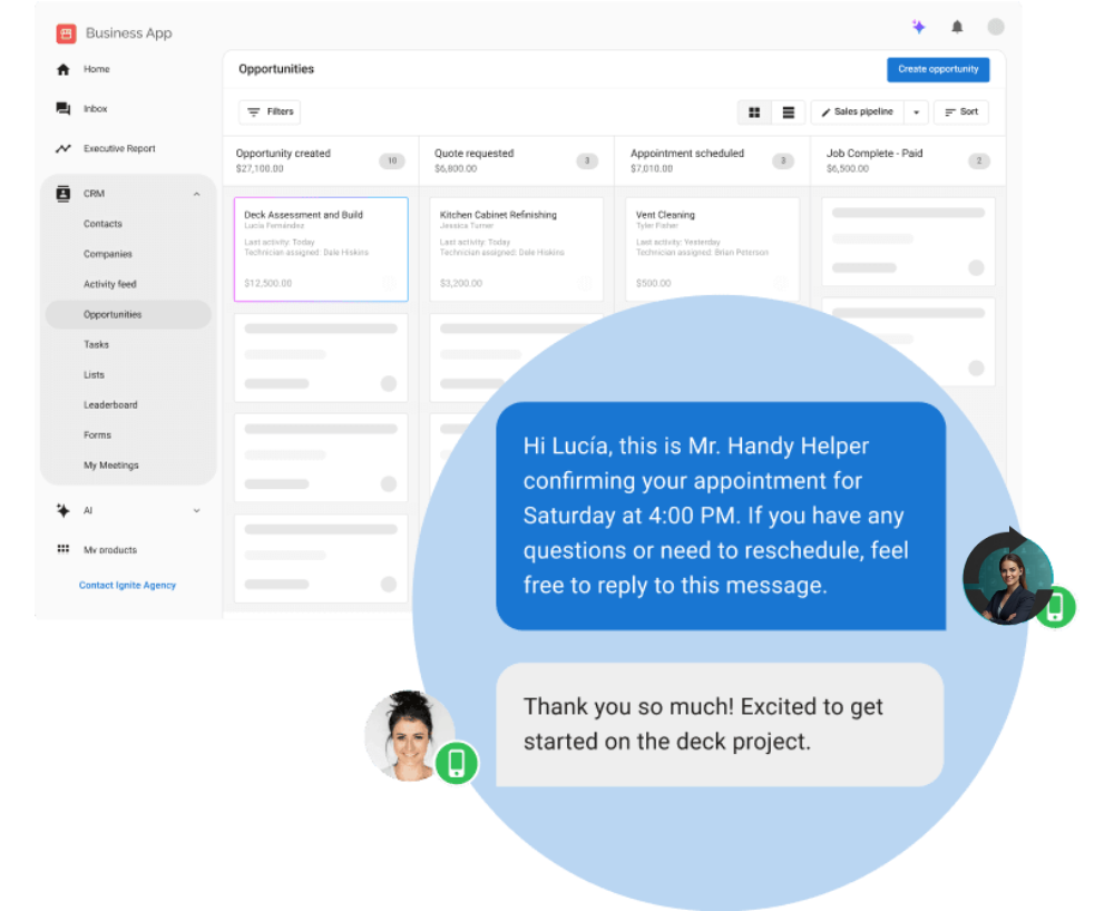 CRM dashboard showing AI-recorded calls and messages